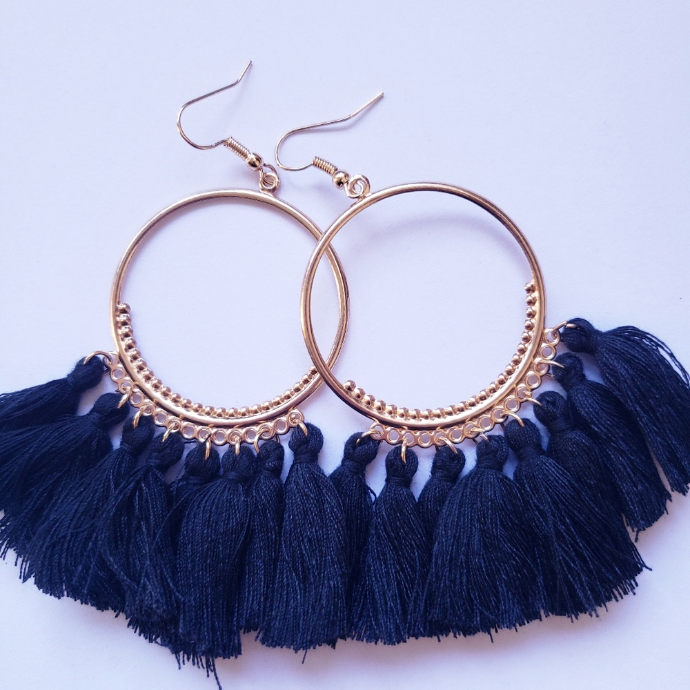 Black Tassel Boho Hoop Earrings